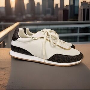 Authentic Michael Kors White Brown Mesh Trainer Sneakers Gold Accent Size 10